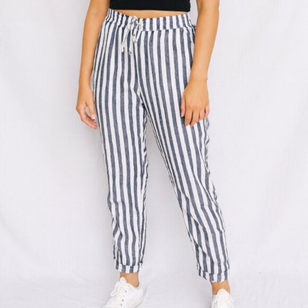Onia Women's Size Meddium Linen Blend White Gray Striped Cuffed Beach Pants